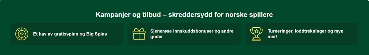 Section showcasing tailored promotions for Norwegian players, featuring icons with offers such as free spins, deposit bonuses, and tournaments. The design uses green background blocks with yellow line-art symbols. Highlights include generous rewards and various gaming activities.