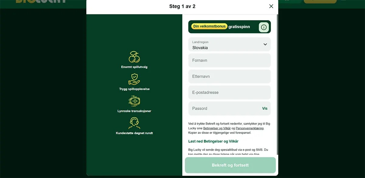 Registration form showing step 1 of 2, with fields for country, personal details, email and password. On the left side, icons highlight benefits such as large game selection, secure experience, fast transactions and 24/7 support. Clean, dark-themed casino signup interface.