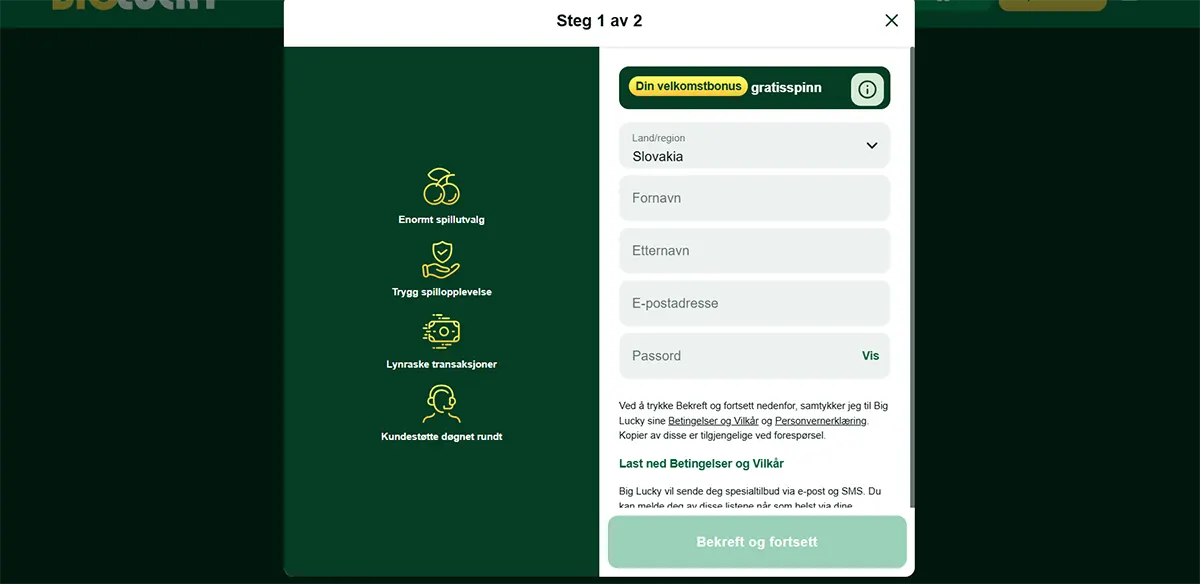 Registration form showing step 1 of 2, with fields for country, personal details, email and password. On the left side, icons highlight benefits such as large game selection, secure experience, fast transactions and 24/7 support. Clean, dark-themed casino signup interface.