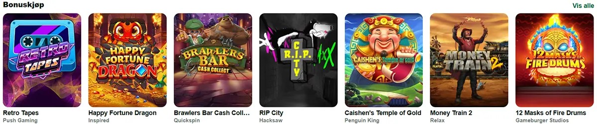 Selection of popular bonus-buy slot games, including Retro Tapes, Happy Fortune Dragon, Brawlers Bar Cash Collect, RIP City, Caishen’s Temple of Gold, Money Train 2 and 12 Masks of Fire Drums. Bright, colorful game thumbnails displayed in a horizontal carousel layout.