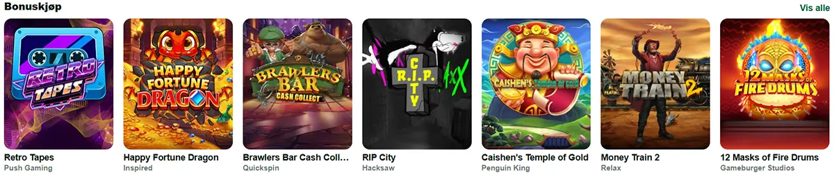 Selection of popular bonus-buy slot games, including Retro Tapes, Happy Fortune Dragon, Brawlers Bar Cash Collect, RIP City, Caishen’s Temple of Gold, Money Train 2 and 12 Masks of Fire Drums. Bright, colorful game thumbnails displayed in a horizontal carousel layout.